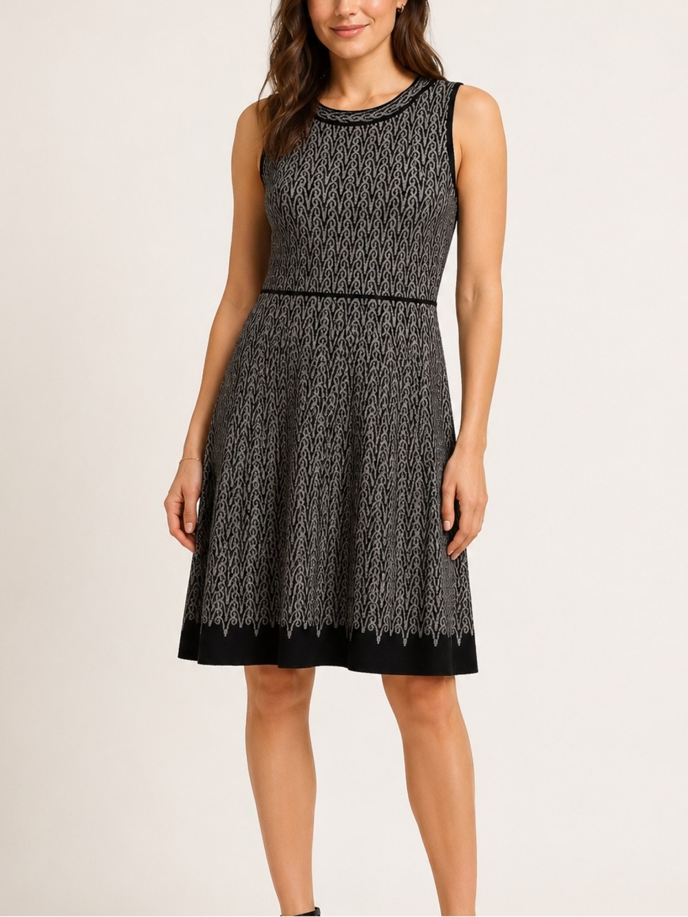 John + Jenn Black Silver Metallic Jacquard Knit Fit & Flare Dress Size M